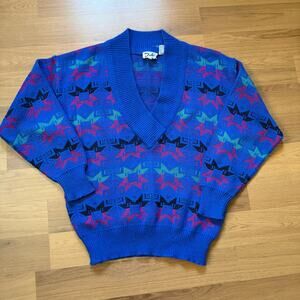 Vintage 90's Duet Blue Pink Teal V-Neck Shawl Pullover Ski Sweater Sz Medium VTG